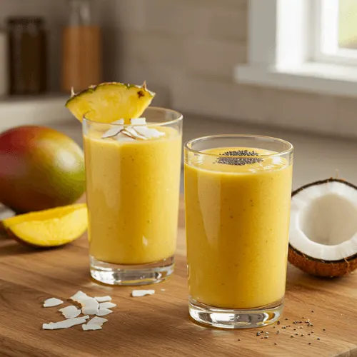 Glass vessels filled with pineapple and mango tropical smoothies on a sunlit kitchen counter.