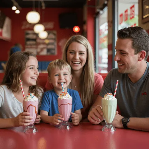 A cheerful family enjoying milkshakes at the Milkshake Factory, sharing laughter and colorful drinks in a cozy café.
