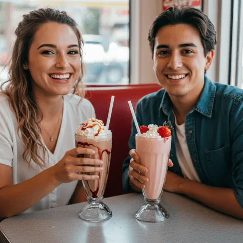 Two friends enjoying chocolate and strawberry milkshakes in vintage diner glasses at a retro booth with checkered floors.