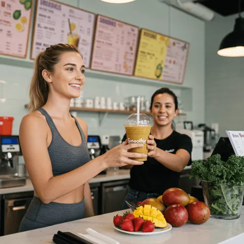 Young woman receiving a smoothie at a modern smoothie spot in Kendall.