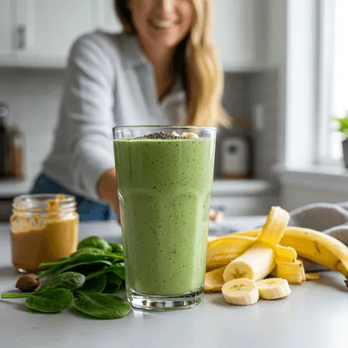 Young woman holding a glass of green Healthy Smoothie topped with chia seeds and banana slices in a sunlit kitchen surrounded by fresh spinach and banana.