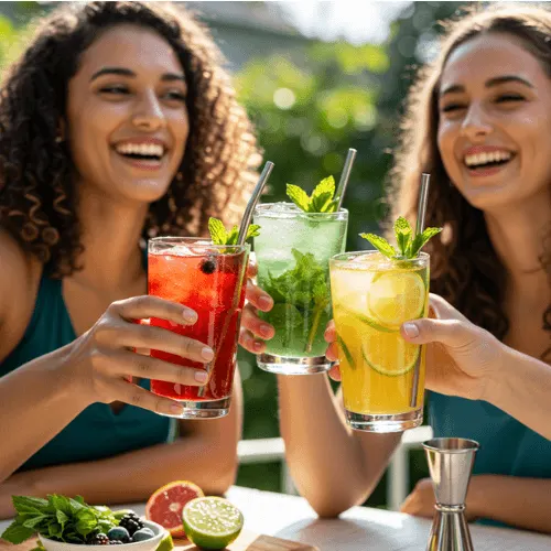 Three friends clinking glasses of vibrant mocktails on a sunny patio, with a mocktail bar and fresh garnishes in view.