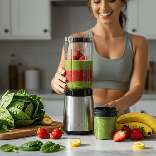 Affordable Best Blender for Smoothies mixing a vibrant green and red fruit smoothie in a modern kitchen