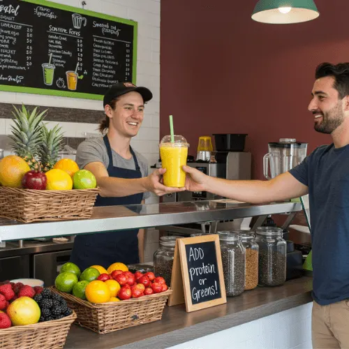 Man receiving a tropical smoothie in a clear cup at a smoothie café, with healthy toppings and fruits visible on the counter "Is Tropical Smoothie Healthy"