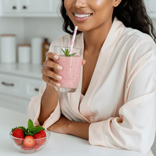 A glowing woman in a silk robe sipping Hailey Bieber's smoothie topped with mint and chia seeds.