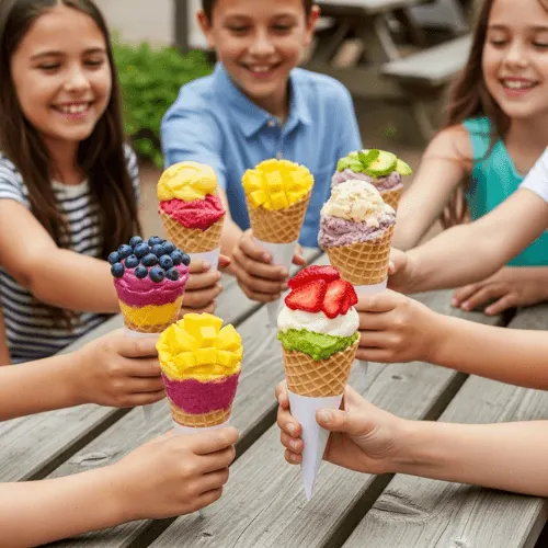 Children and adults enjoying smoothie-filled cones at a summer picnic table.