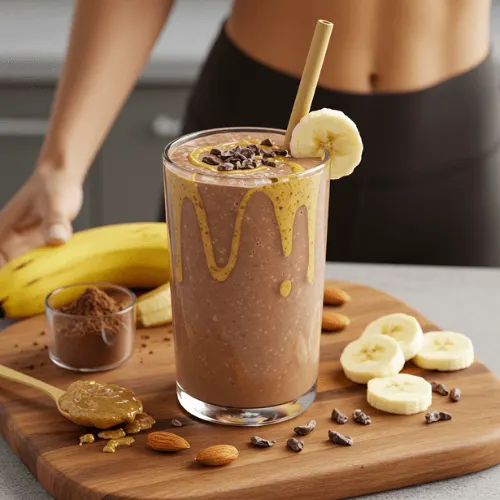 Chocolate banana vegan protein shake in a tall glass vessel with healthy toppings and fitness setting.