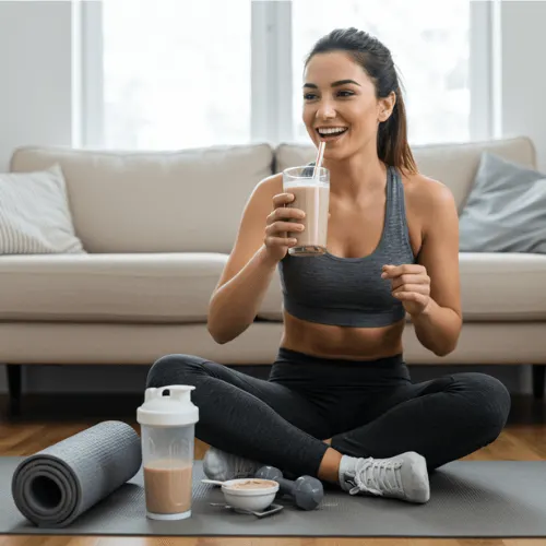 A young woman enjoying a vegan protein shake after a workout, sitting on a yoga mat with protein powder in the background.