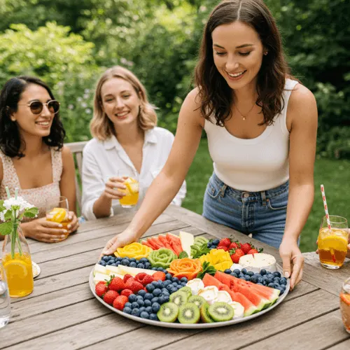 Woman presenting colorful fruit platter at an outdoor summer party with friends seated at the table.