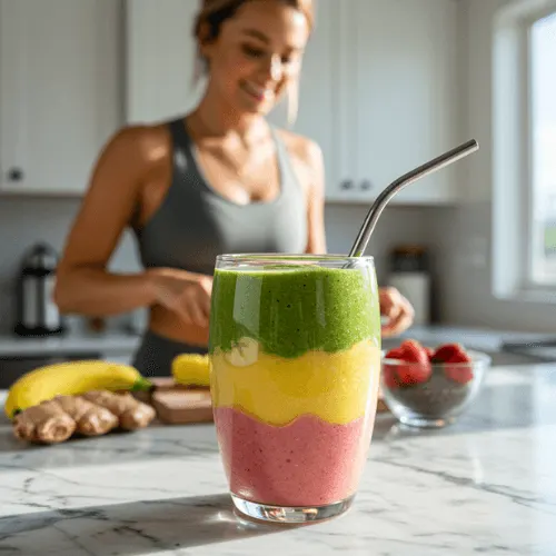 Healthy smoothies with layered colors and fresh ingredients in a glass vessel