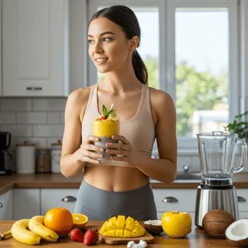 Woman holding a mango-pineapple tropical smoothie in a sunlit kitchen with fresh fruits on the counter.