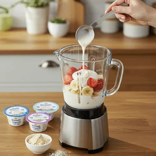 Blender vessel filled with Greek yogurt, fruits, and protein powder, ready to be blended.