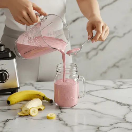 Hands pouring a strawberry Yogurt Smoothie Recipe into a mason jar surrounded by fresh fruit and yogurt on a kitchen counter.