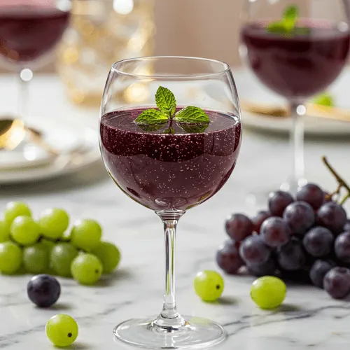 Close-up of sparkling purple grape juice in a fancy glass with mint garnish