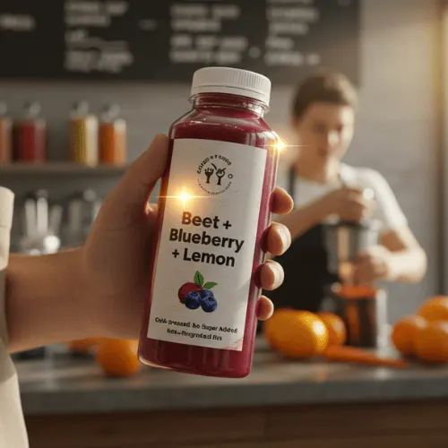 A man holding a bottle of beet and blueberry juice at a juice shop counter with fresh juicing happening in the background.