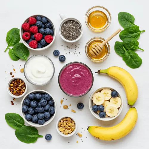 A flat lay photo of yogurt smoothie ingredients with a prepared smoothie in the center, highlighting key health benefits like protein, probiotics, and vitamins.