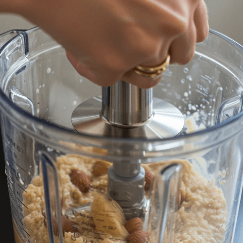 A tamper tool pressing nuts into a Best blender to create smooth nut butter.
