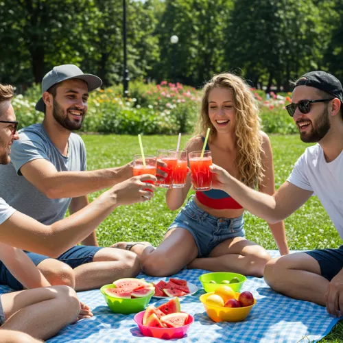 Friends enjoying cold watermelon juice outdoors at a summer picnic, highlighting social and refreshing benefits.