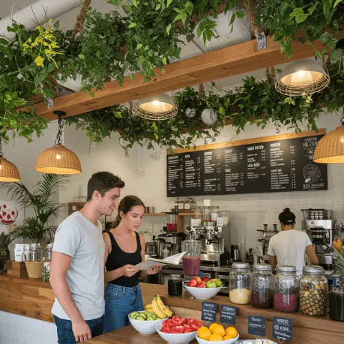 Two customers choosing a smoothie from a health-focused shop menu.
