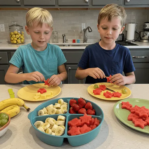 Children building fruit platters using skewers at a kitchen island with pre-sliced fruit and cheese.