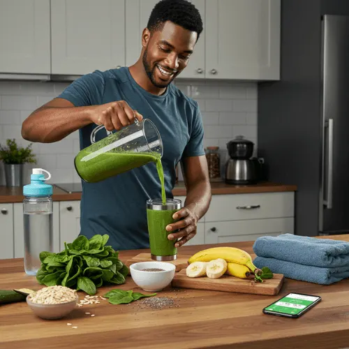 Man pouring a green healthy smoothies into a glass after a workout