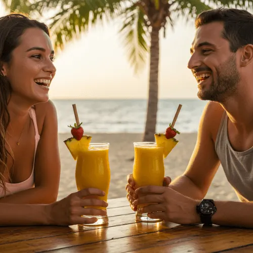 Smiling couple at a beachside café enjoying colorful tropical smoothies with ocean view in background.