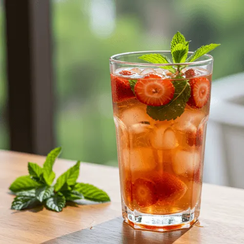 A refreshing glass of moringa tea infused with berries and mint, perfect for a naturally sweet and healthy iced tea variation.