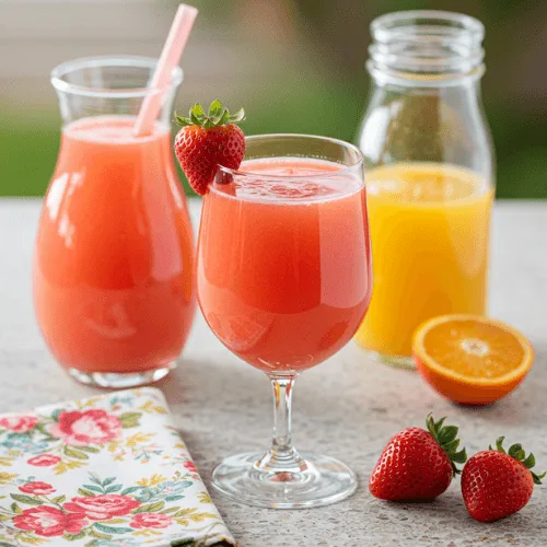 A bright pink pear and strawberry juice in a glass with a fresh strawberry garnish, styled for brunch.