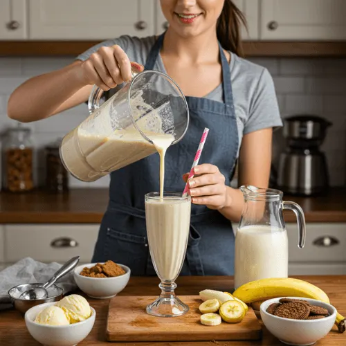 Young woman pouring a vanilla milkshake into a tall fluted milkshake glass on a kitchen counter with ingredients nearby.