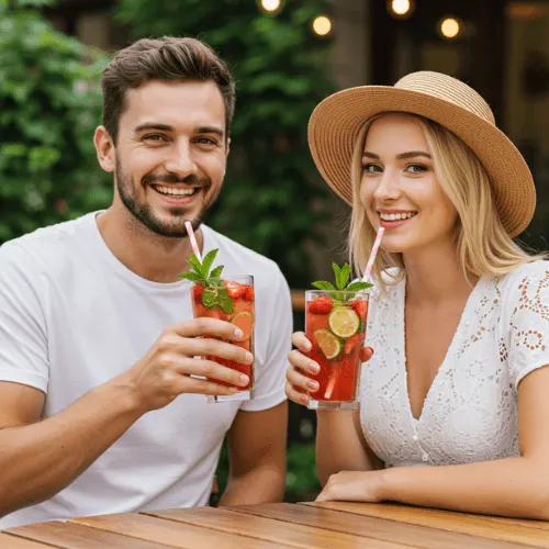 A smiling person sipping a non-alcoholic strawberry mojito mocktail with fresh mint and lime at an outdoor café.