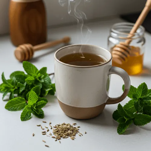 A steaming cup of moringa tea infused with fresh mint and fennel, offering a cooling and aromatic twist to enhance its flavor.