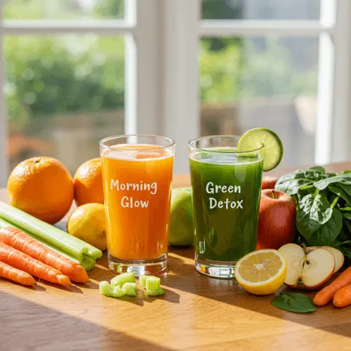Glasses of freshly made carrot-orange and green detox juice with ingredients on display.