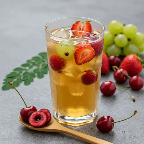 A glass of iced moringa tea infused with strawberries, grapes, and cherries, showing how to naturally sweeten and refresh your tea.