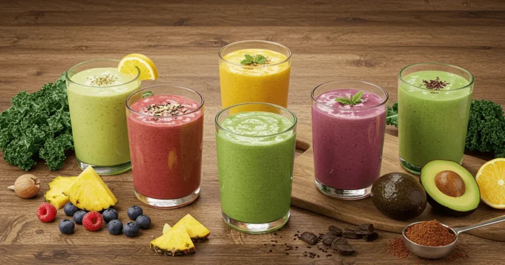 Five vibrant smoothies in clear glasses with fresh fruits and greens arranged on a wooden table, showcasing green detox, berry protein, tropical fat-burner, avocado kale, and chocolate-banana smoothies.