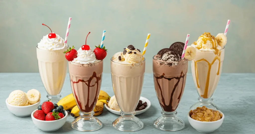 Five colorful milkshakes in vintage diner glasses, each a different flavor—vanilla, chocolate, strawberry, cookies and cream, and banana peanut butter—set on a retro table with ingredients around