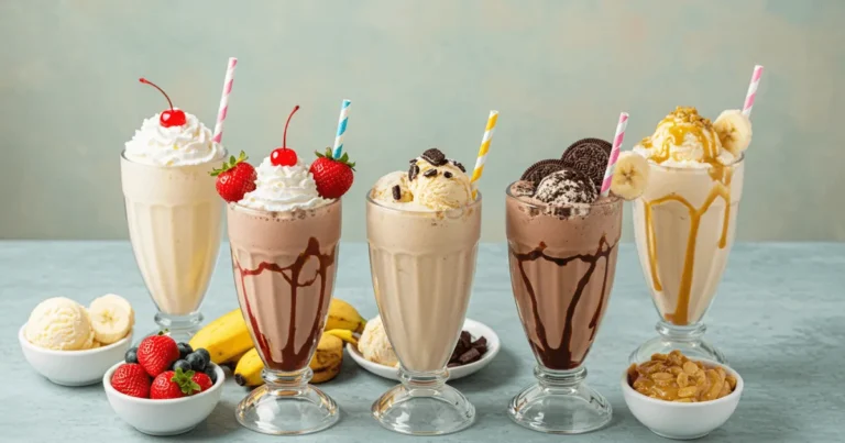 Five colorful milkshakes in vintage diner glasses, each a different flavor—vanilla, chocolate, strawberry, cookies and cream, and banana peanut butter—set on a retro table with ingredients around