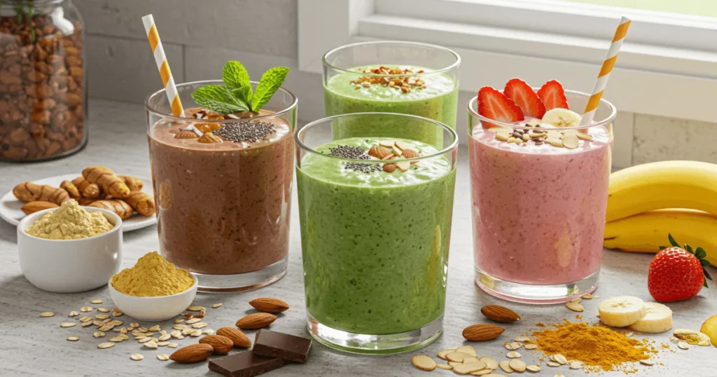 Four colorful vegan protein smoothies in glasses with natural ingredients on a clean kitchen counter.