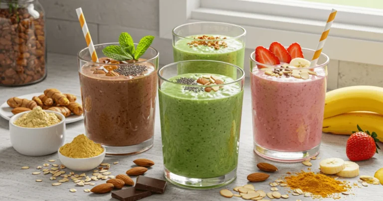 Four colorful vegan protein smoothies in glasses with natural ingredients on a clean kitchen counter.