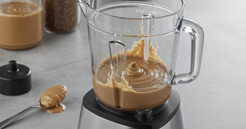 High-powered Best blender making creamy almond butter on a kitchen counter.