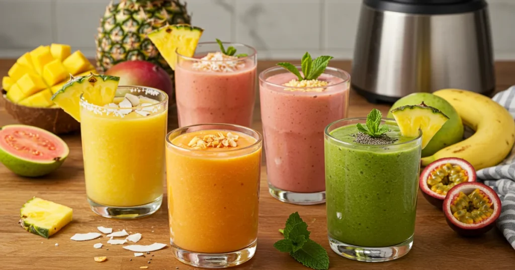 Five colorful tropical smoothies on a kitchen counter with fruit garnishes and a blender in the background.