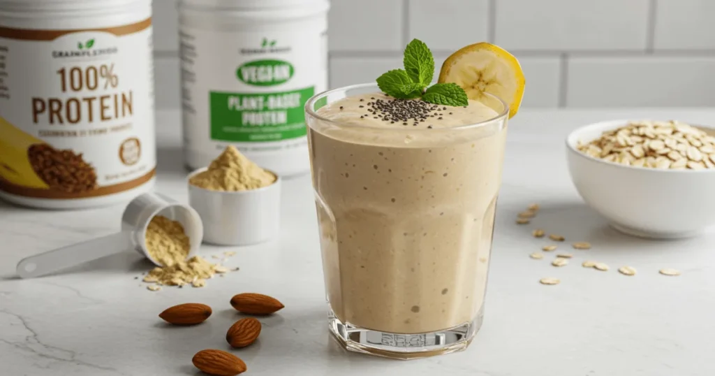 A glass of creamy vegan protein shake with chia seeds, banana slice, and mint on a kitchen counter with oats and protein powder in the background.