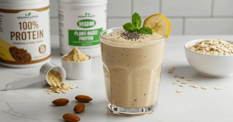 A glass of creamy vegan protein shake with chia seeds, banana slice, and mint on a kitchen counter with oats and protein powder in the background.