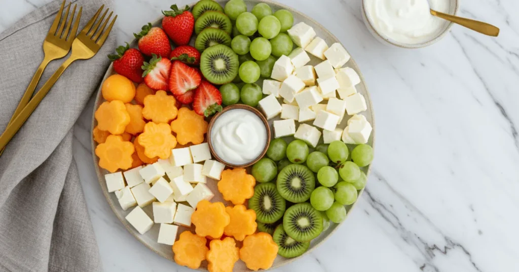 Top-down view of a perfectly styled fruit platter with cheese and dip on a marble surface.