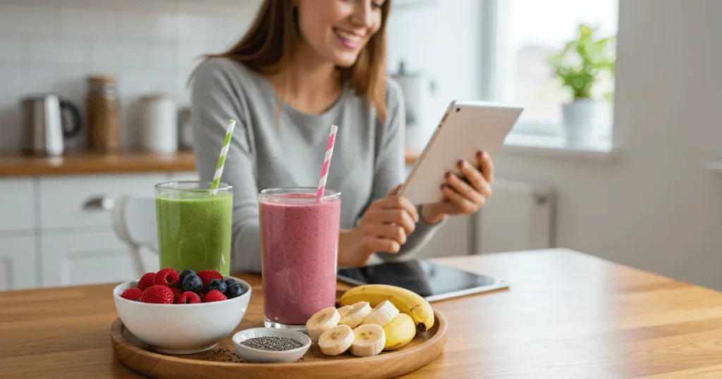 Woman enjoying a healthy smoothie breakfast with gut-boosting ingredients