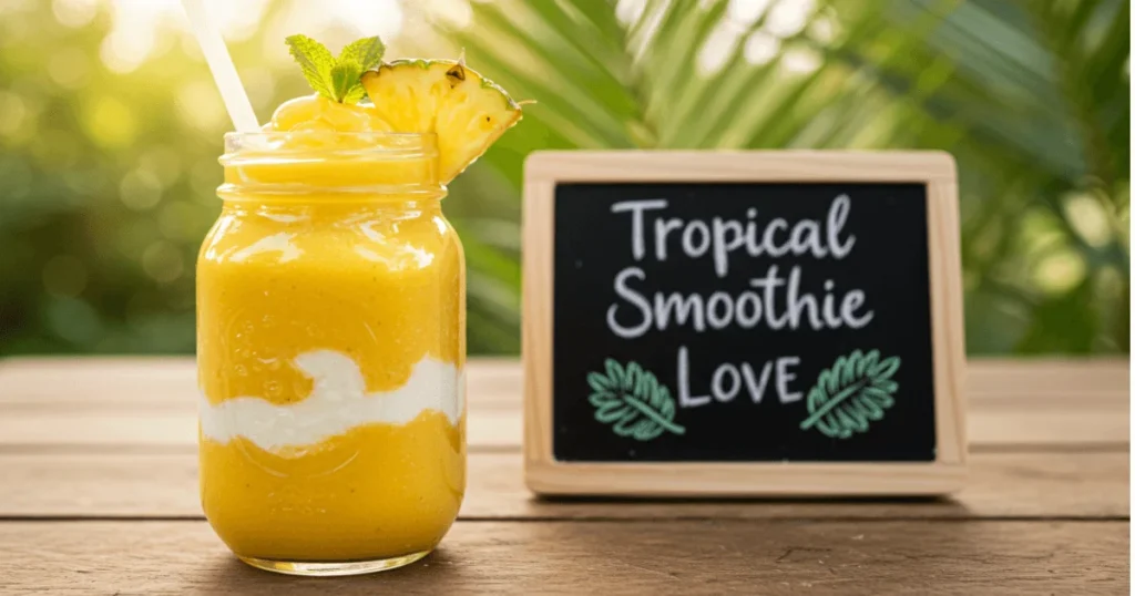 Close-up of a mason jar tropical smoothie with pineapple garnish and handwritten sign in a tropical setting.