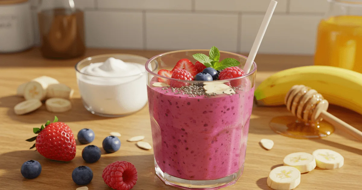A realistic yogurt smoothie in a glass topped with fresh berries and chia seeds, placed on a wooden kitchen counter with Greek yogurt and fruits.