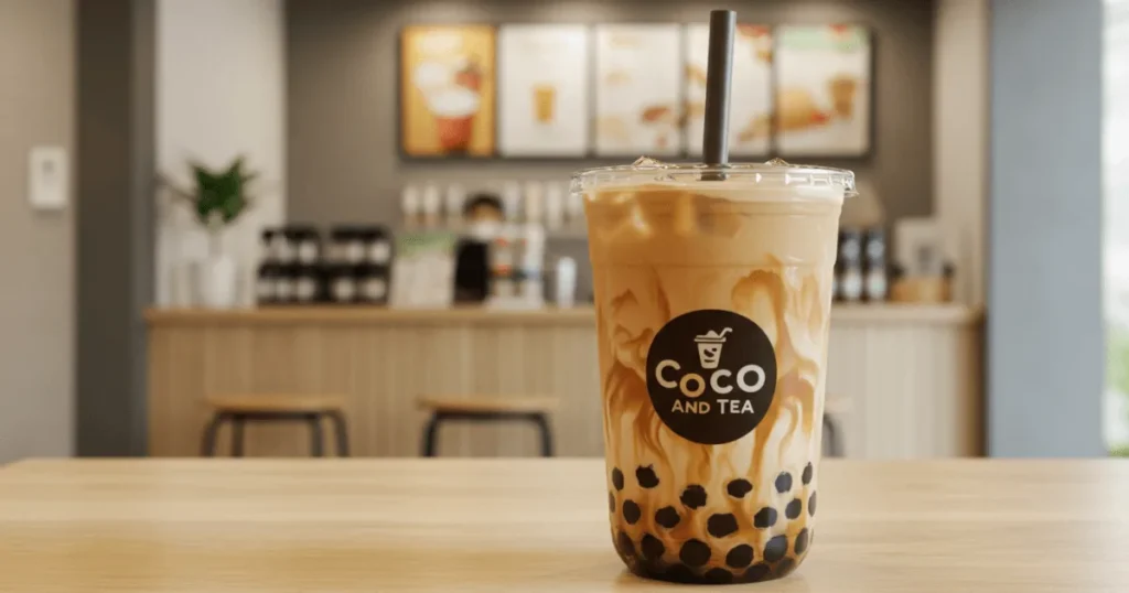 A close-up of a chilled Coco bubble tea with tapioca pearls in a clear cup, sitting on a wooden table in a modern tea shop.