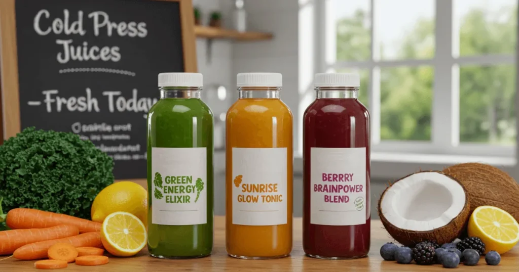 Five glass juice bottles showcasing spinach, citrus, root vegetables, berries, and hydration boosters on a clean juice bar counter.