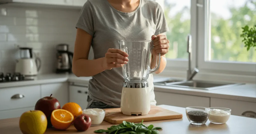 A woman prepares a fresh yogurt smoothie in a sunlit kitchen with berries, spinach, and Greek yogurt visible on the counter.