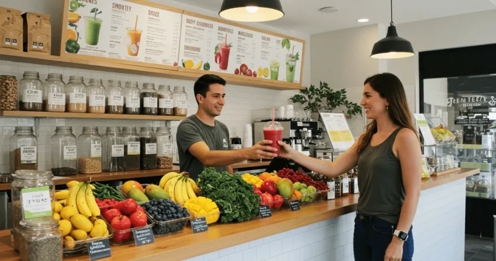 A beginner-friendly smoothie shop with a bright counter, fresh fruits, and a smiling barista serving a smoothie to a customer